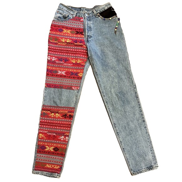 Vintage 90's LEVI'S 501 Upcycled Reworked Patchwork Aztec Boho Beads Jeans 29x31 - Picture 1 of 14